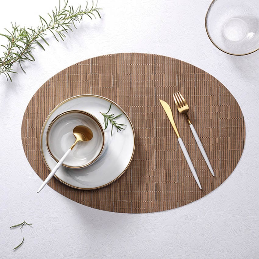 Set De Table Rond Ovale Bambou Marron En Plastique Tissu Pvc